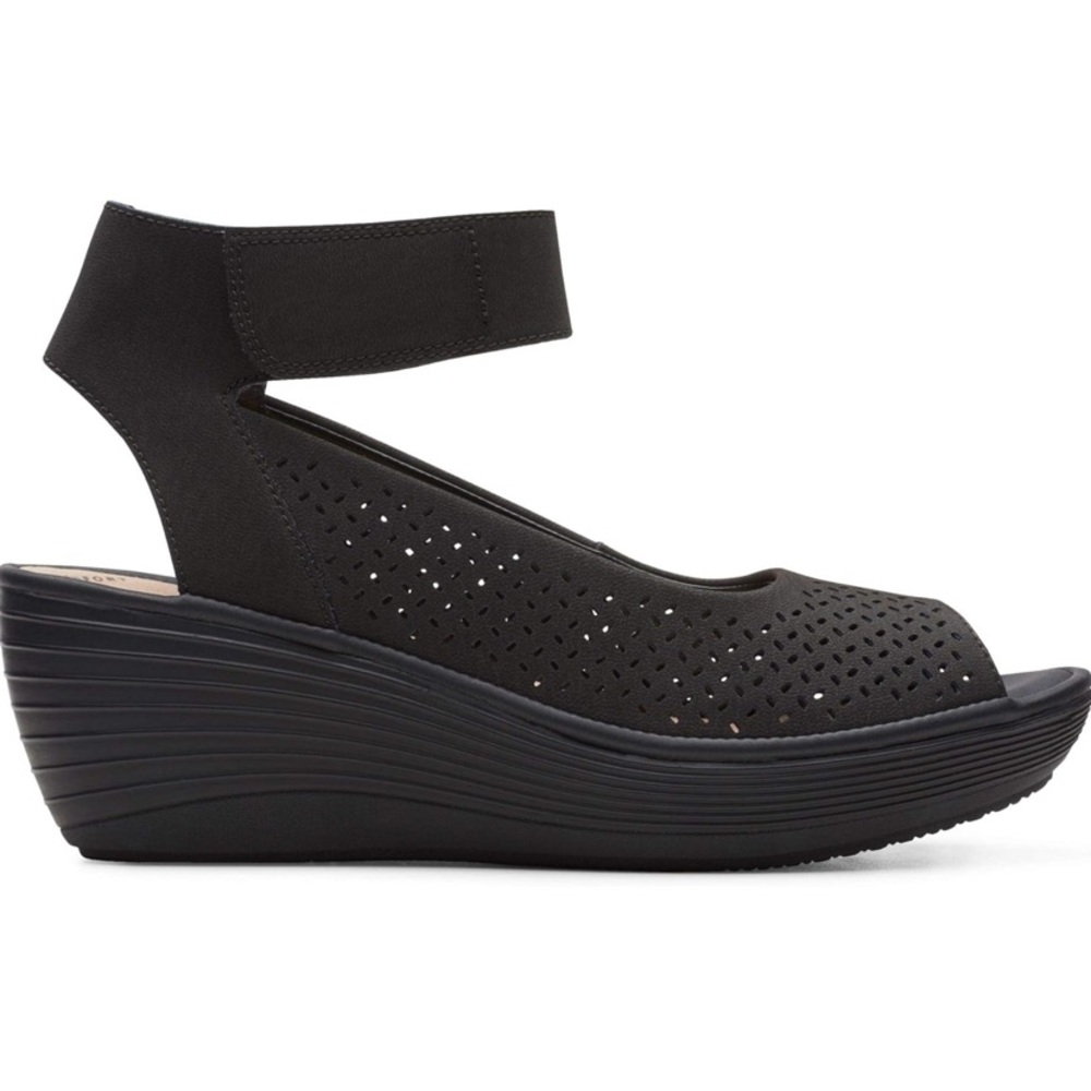 Clarks Black Perforated Wedge Sandals with Ankle Strap